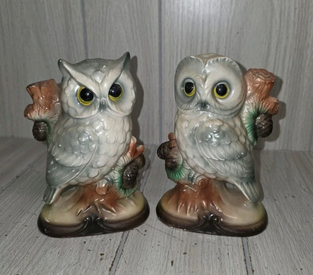 Vintage 70s Porcelain Owl Figure Set Of 2 Birds Kitschy Missing Some Paint